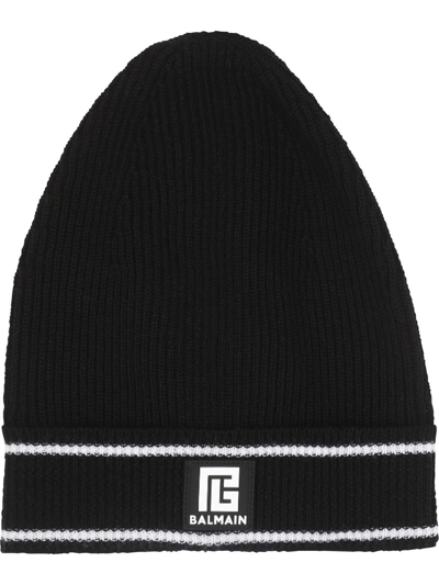 Balmain Logo-patch Wool Beanie In Black