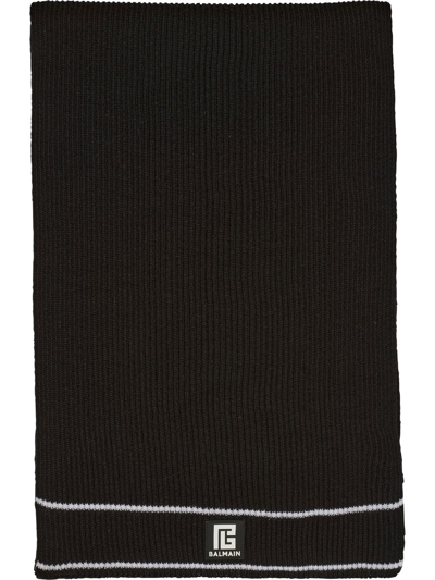 Balmain Logo-patch Ribbed Scarf In Black