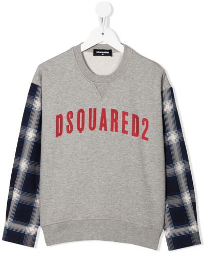 Dsquared2 Logo-print Check-sleeve Sweatshirt In Grey