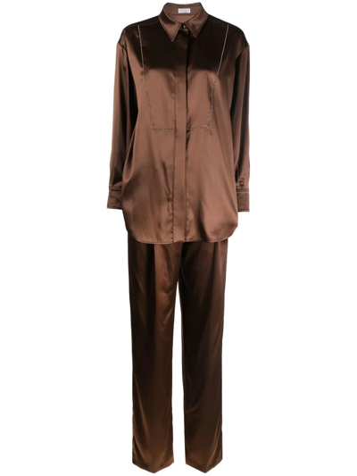 Brunello Cucinelli Chocolate-coloured Silk Satin Jumpsuit In Brown