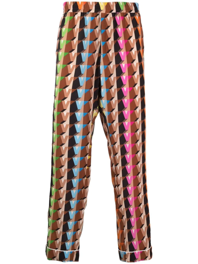 Valentino Geometric Monogram-print Silk Trousers In Multicolor