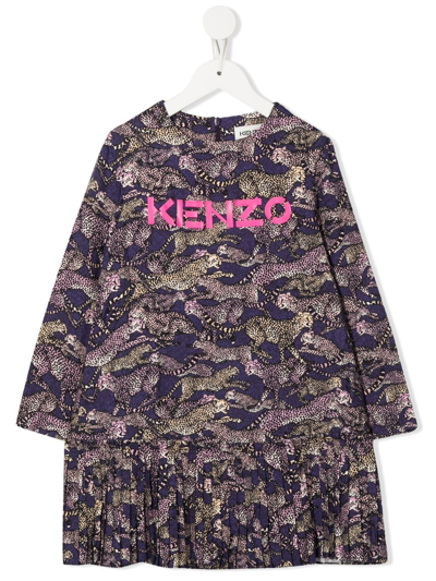 Kenzo Kids' Animal-print Pleated Dress In Plum
