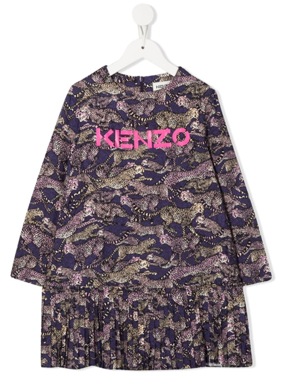 Kenzo Kids' 动物纹百褶连衣裙 In Plum