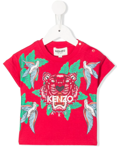 Kenzo Babies' Tiger-print Organic Cotton T-shirt In Pink