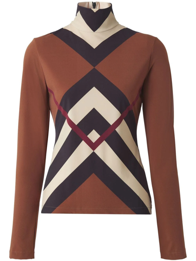 Burberry Chevron Check Jersey Roll-neck Top In Dark Birch Brown