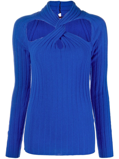 Versace Ribbed Twisted Jumper, Female, Blue, 44 In Royal Blue
