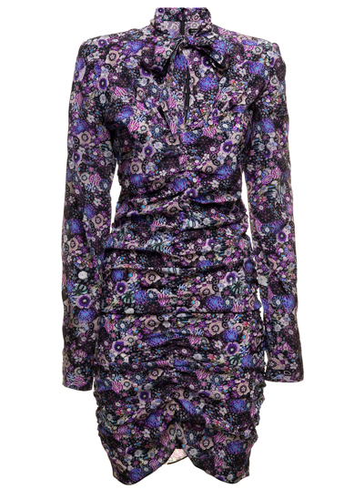 Isabel Marant Sandrine Tie-neck Ruched Floral-print Silk-blend Crepe Mini Dress In Pink &amp; Purple