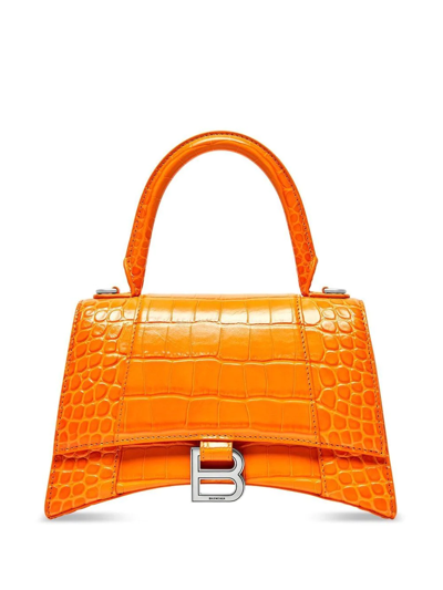 Balenciaga Small Hourglass Croc Embossed Leather Top Handle Bag In Pop Orange