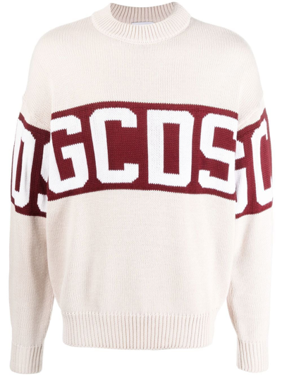 Gcds Intarsia-knit Ribbed Jumper In White