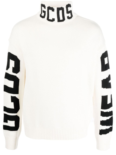 Gcds Intarsia-knit Logo Roll-neck Jumper In White