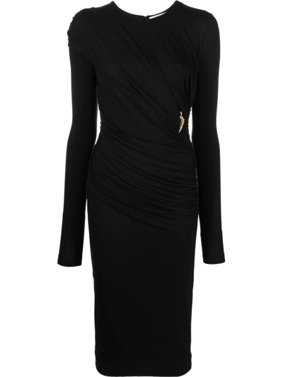 Roberto Cavalli Tiger Tooth-detail Ruched Dress In Black