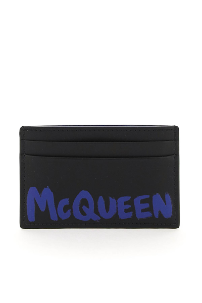 Alexander Mcqueen 'mcqueen Graffiti' Leather Cardholder  Black,blue Leather