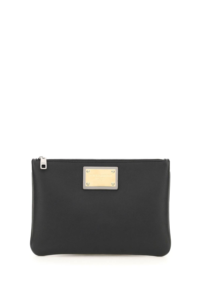 Dolce & Gabbana Logo-plaque Grained-leather Pouch In Black