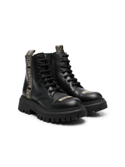 Moschino Kids' Leather Blend Combat Boots W/ Logo Tape In Black
