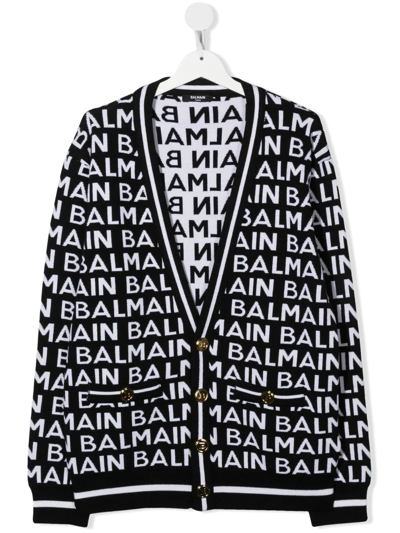 Balmain Teen Intarsia-knit V-neck Cardigan In Black