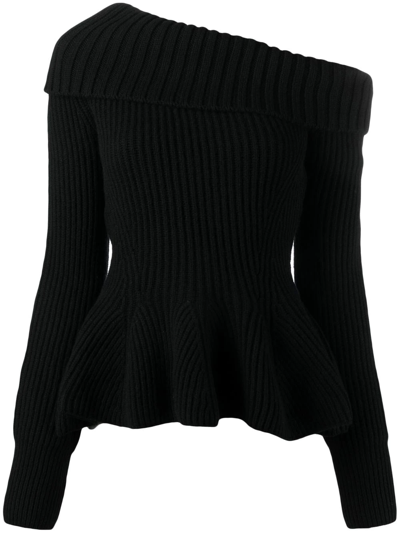 Alexander Mcqueen One-shoulder Ribbed Wool And Cashmere-blend Peplum Sweater In Black