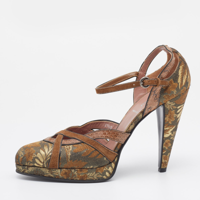 Pre-owned Miu Miu Brown/gold Brocade Fabric And Python Trim D'orsay Ankle Strap Pumps Size 40