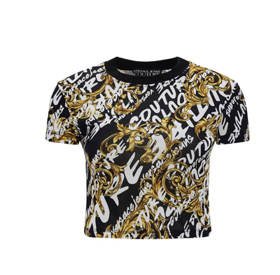 Versace Jeans Couture Logo Printed Cropped Jersey Tee In Black,multi