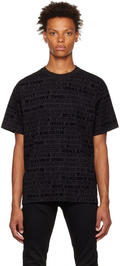 Versace Jeans Couture Cotton Velvet Flocked Logo Graphic Tee In Nero