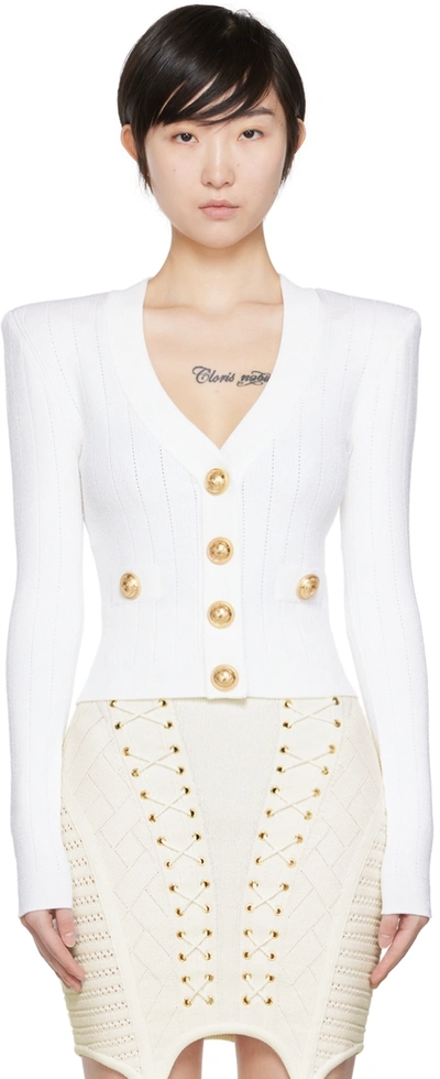 Balmain Cropped Button-embellished Ribbed Pointelle-knit Cardigan In White