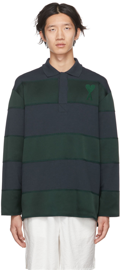 Ami Alexandre Mattiussi Ssense Exclusive Navy & Green Ami De Cœur Polo In Navy/evergreen