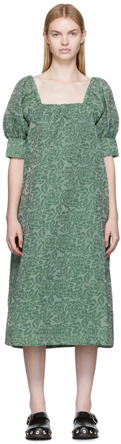 Ganni Square-neck Jacquard-pattern Organza Midi Dress In Green