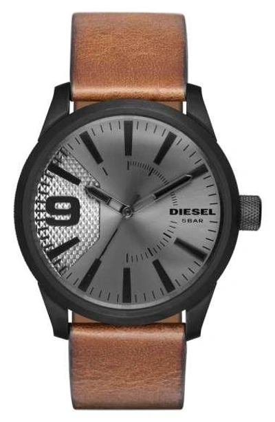 Diesel 'the Rasp' Leather Strap Watch, 46mm In Black