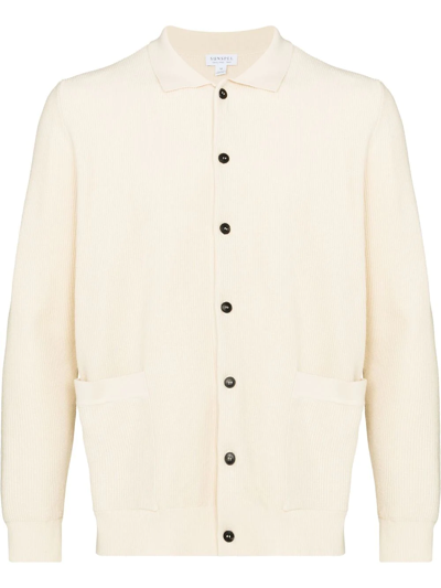 Sunspel Cutaway-collar Buttoned Cotton-knit Jacket In Neutral