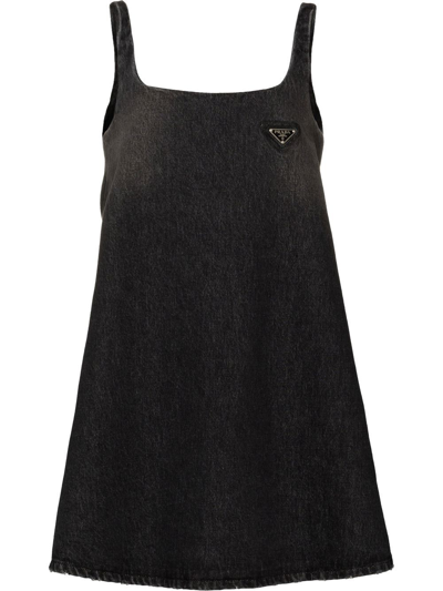 Prada Triangle Logo A-line Denim Dress In Black