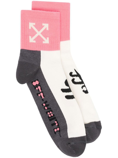 Off-white Colour Block Logo Cotton Long Socks In Sand Dark