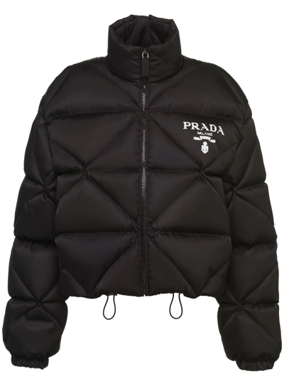 [PRADA]★Printed nylon Down Jacket Prada Re-nylon Quilted Logo-print Down Jacket In Black