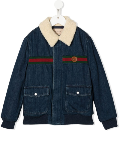 Gucci Kids' Faux-fur Collar Denim Bomber Jacket In Blue