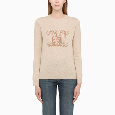 Max Mara Beige Cashmere Sweater With Logo Embroidery In Nude & Neutrals