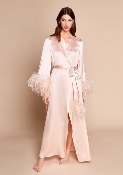 Gilda & Pearl Camille Silk And Feather Long Robe In  Oyster