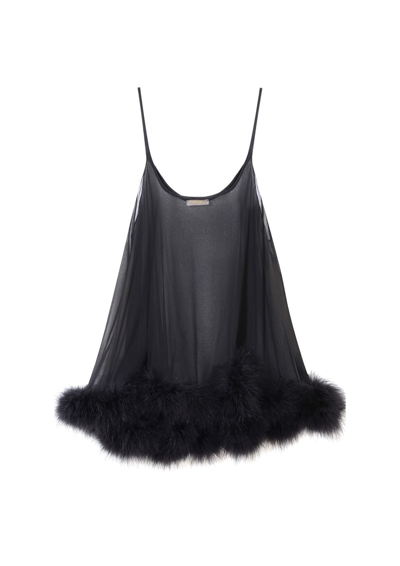 Gilda & Pearl Diana Silk And Marabou Feather Babydoll In Black