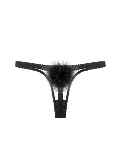 Gilda & Pearl Diana Silk And Marabou Feather Pom Pom Thong In Black