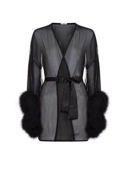 GILDA & PEARL DIANA SILK AND MARABOU FEATHER ROBE IN BLACK