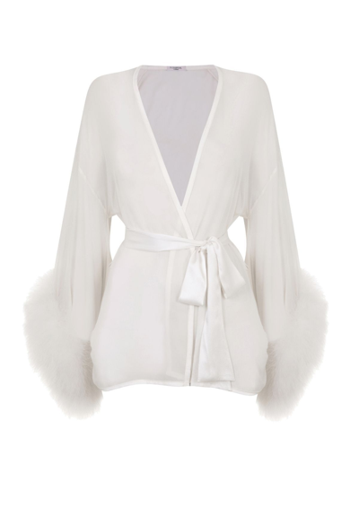 GILDA & PEARL DIANA SILK AND MARABOU FEATHER ROBE IN IVORY WHITE