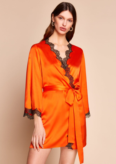 Gilda & Pearl Silk Josephine Lace-trim Dressing Gown In Orange