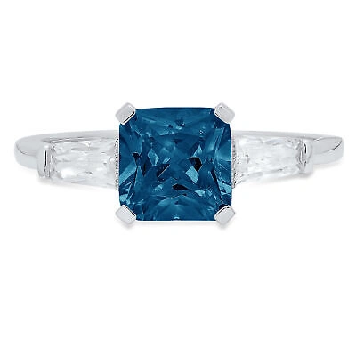 Pre-owned Pucci 1.62 Emerald 3stone London Blue Topaz Promise Bridal Wedding Ring 14k White Gold In D