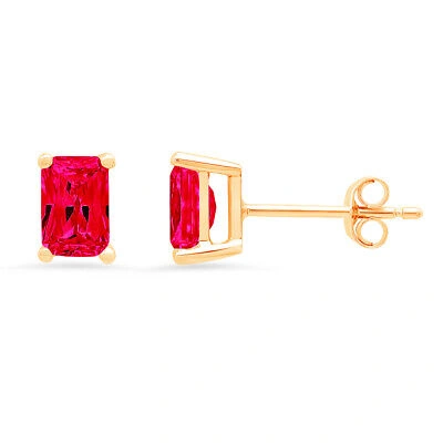 Pre-owned Pucci 1.0ct Emerald Cut Red Simulated Ruby Stud Earrings 14k Yellow Gold Push Back