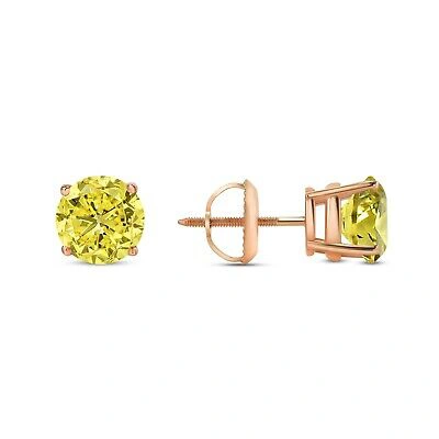 Pre-owned Shine Brite With A Diamond 3.50 Ct Round Cut Canary Earrings Studs Solid 14k Rose Gold Screw Back Basket In Pink