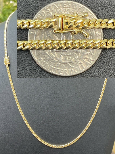 Pre-owned Harlembling 3mm Real Solid 14k Yellow Gold Miami Cuban Link Chain Micro Necklace Box Clasp
