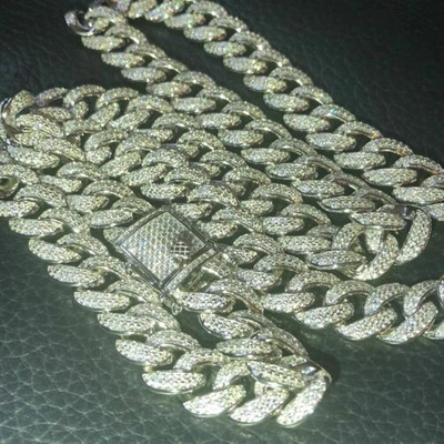 Pre-owned Silver Mens Cuban Miami Link 12mm Chain 925  40-60ct Simulated Diamonds 18-30"