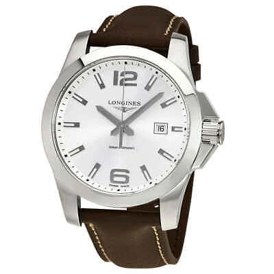 Pre-owned Longines Conquest Silver Dial Brown Leather Men's 43mm Watch L37604765