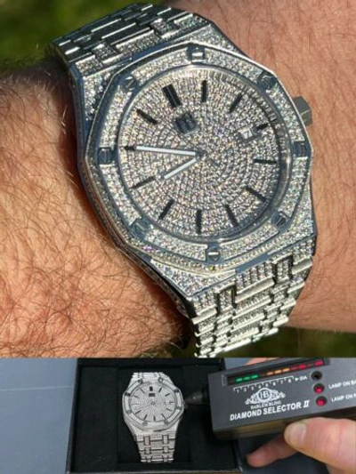 Pre-owned Italiano Silver Inc Real Moissanite Mens Watch Iced Skeleton Back 44mm Hip Hop Passes Tester Large
