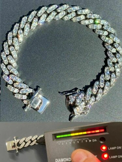 Pre-owned Harlembling 925 Silver Mens Miami Cuban Bracelet Real Iced Moissanite Passes Tester Heavy In White/colorless