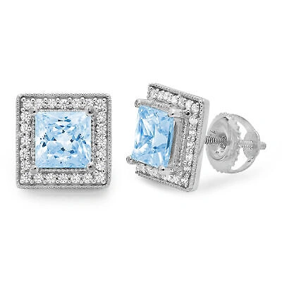 Pre-owned Pucci 2.3 Princess Round Cut Halo Natural Aquamarine Stud Earrings Real 14k White Gold In D