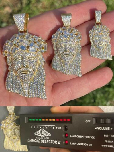 Pre-owned Silver Iced Baguette Moissanite Gold Plated Jesus Piece Pendant Passes Test Out Hip Hop