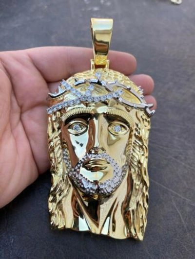 Pre-owned Silver Huge 6" 310 Gram 14k Gold Plated 925  Mens Jesus Piece Pendant Necklace Cz